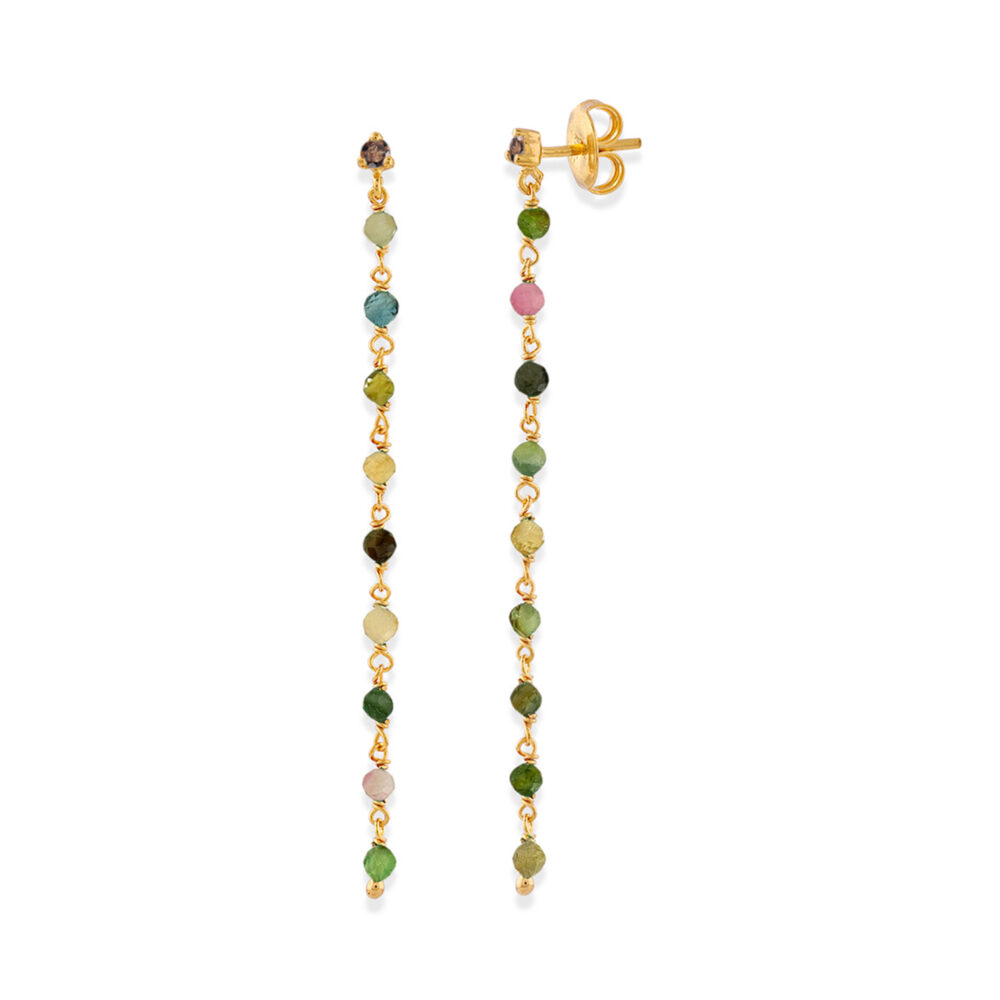 Boucles d'oreilles argent dorée chaine longue et pierres tourmaline