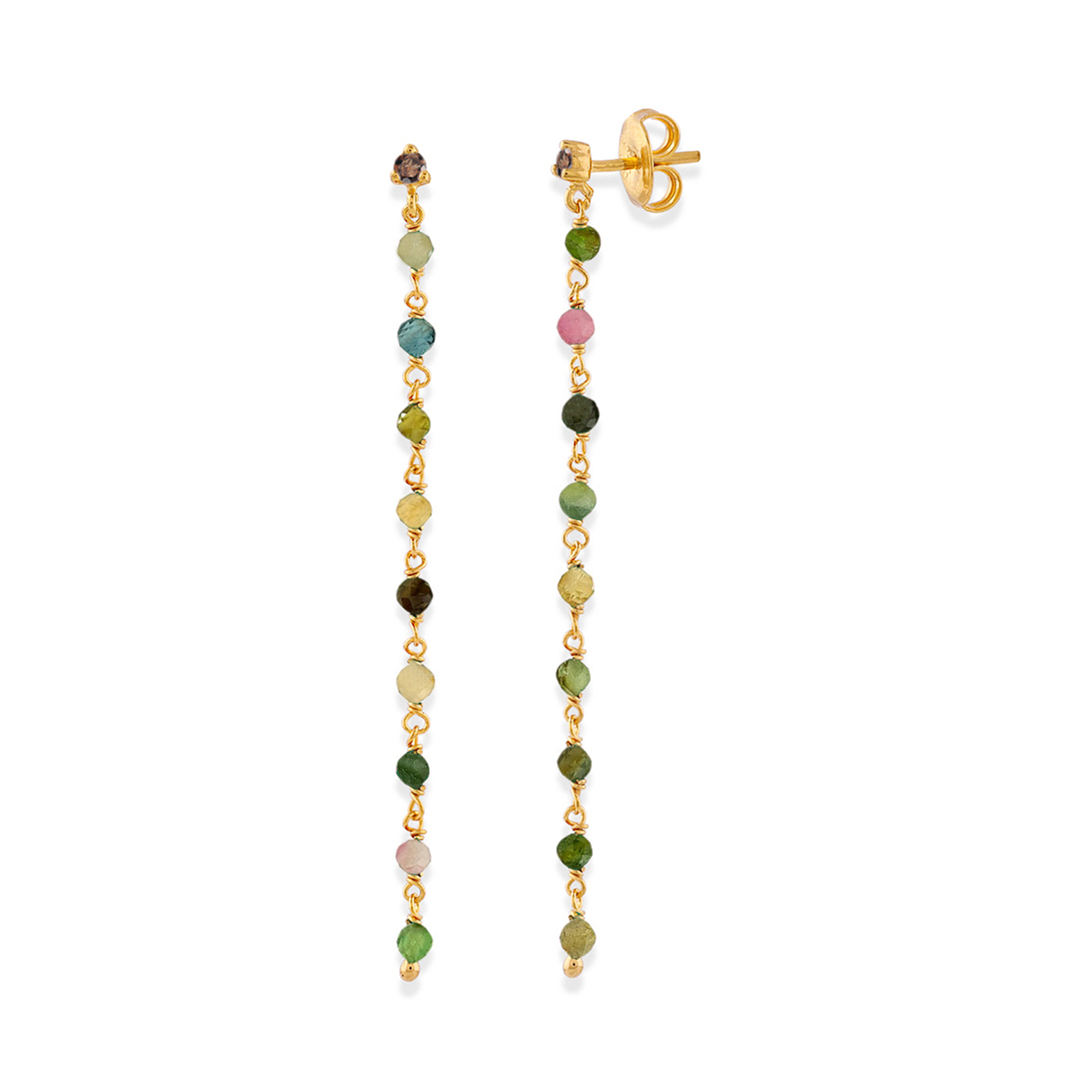 Boucles d'oreilles argent dorée chaine longue et pierres tourmaline 1