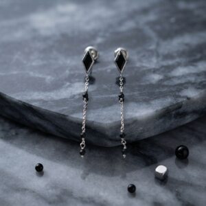 BOD026NOIRRH Boucles d'oreilles argent rhodié losange pierre spinelle noire 4