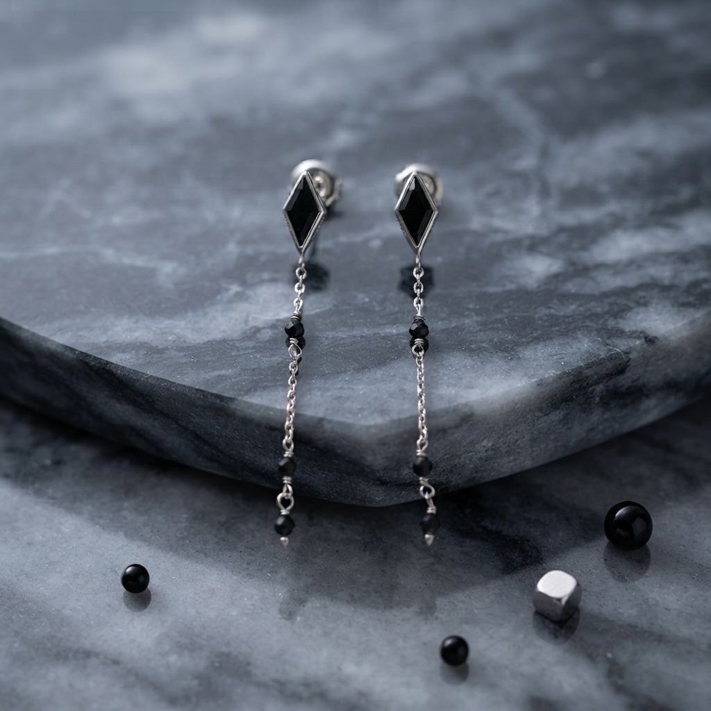 BOD026NOIRRH Boucles d'oreilles argent rhodié losange pierre spinelle noire 2