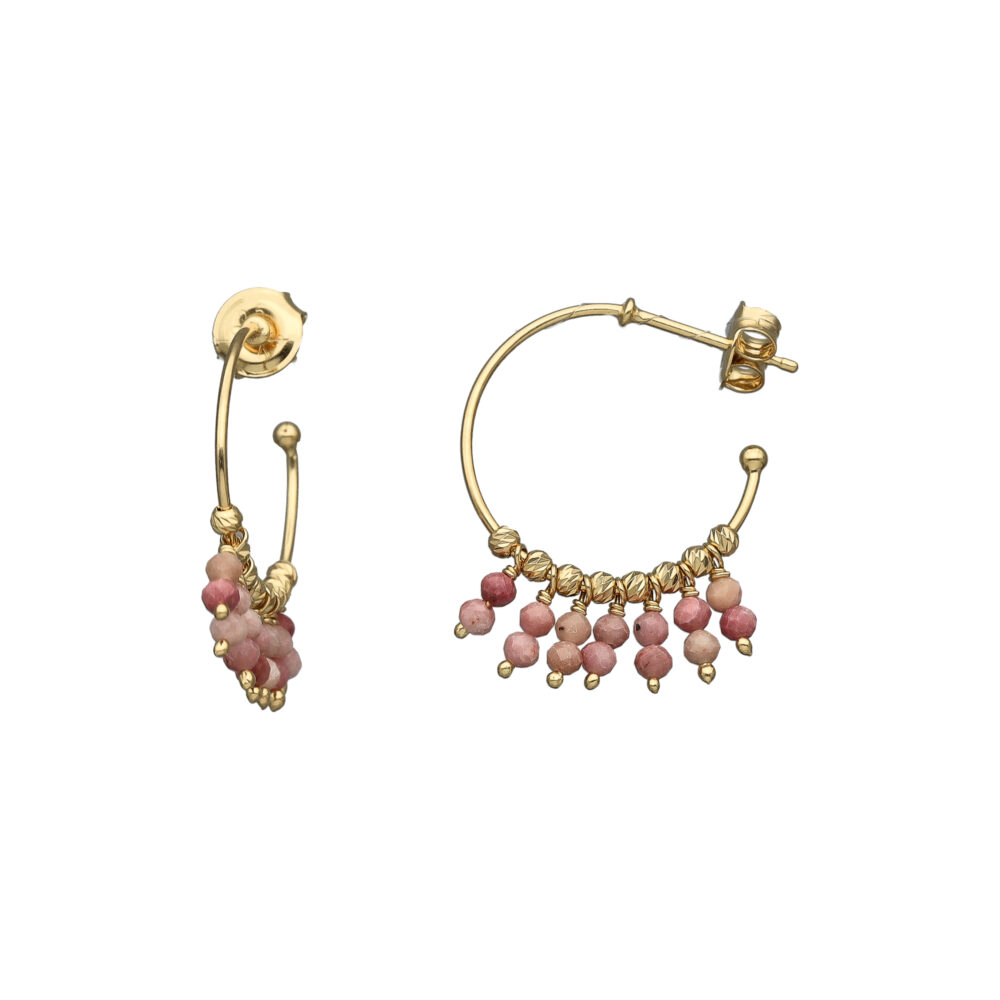 Boucles d'oreilles argent dorée créole pampilles pierres rhodonite fraise