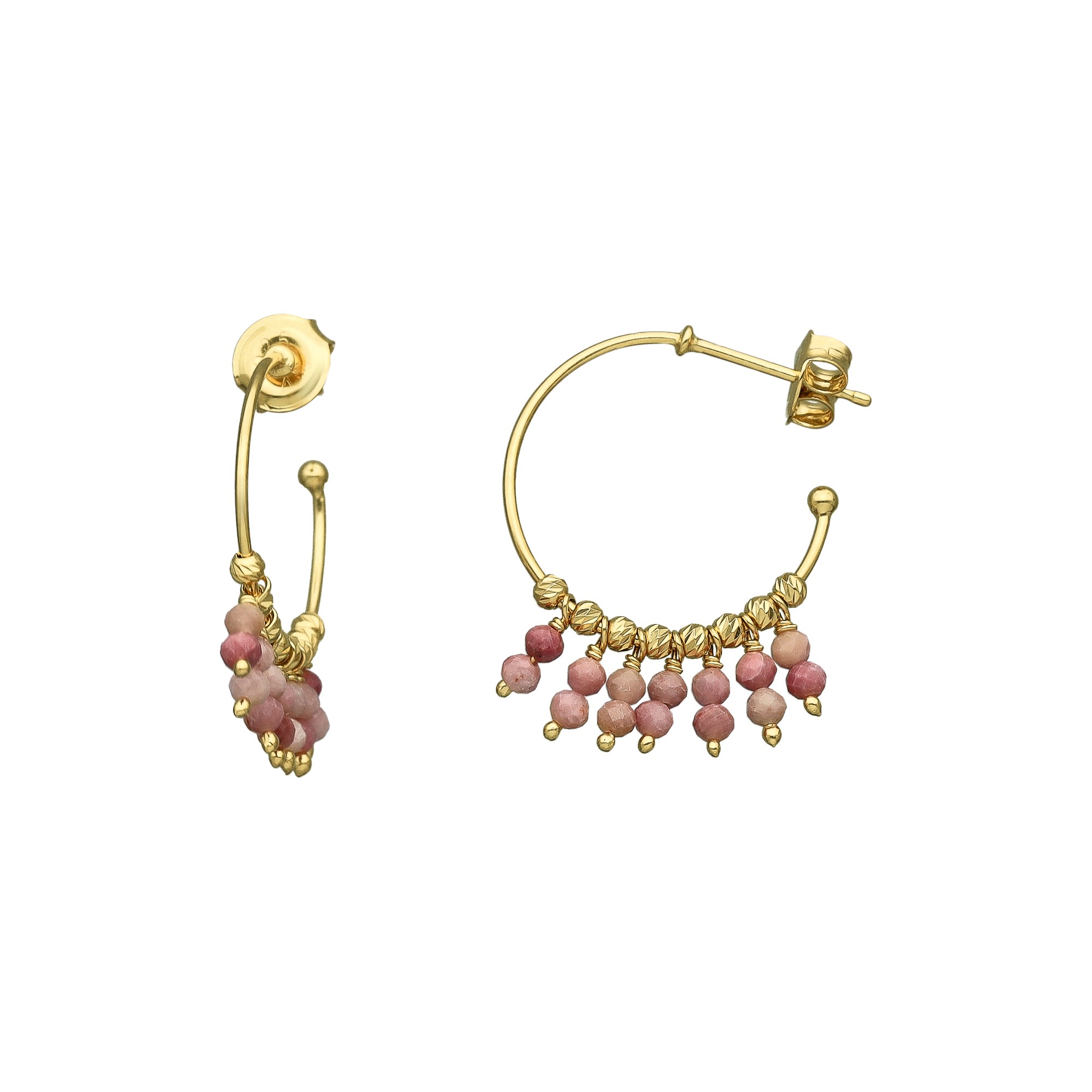 BOD086 ALI FRAISE Boucles d'oreilles argent dorée créole pampilles pierres rhodonite fraise