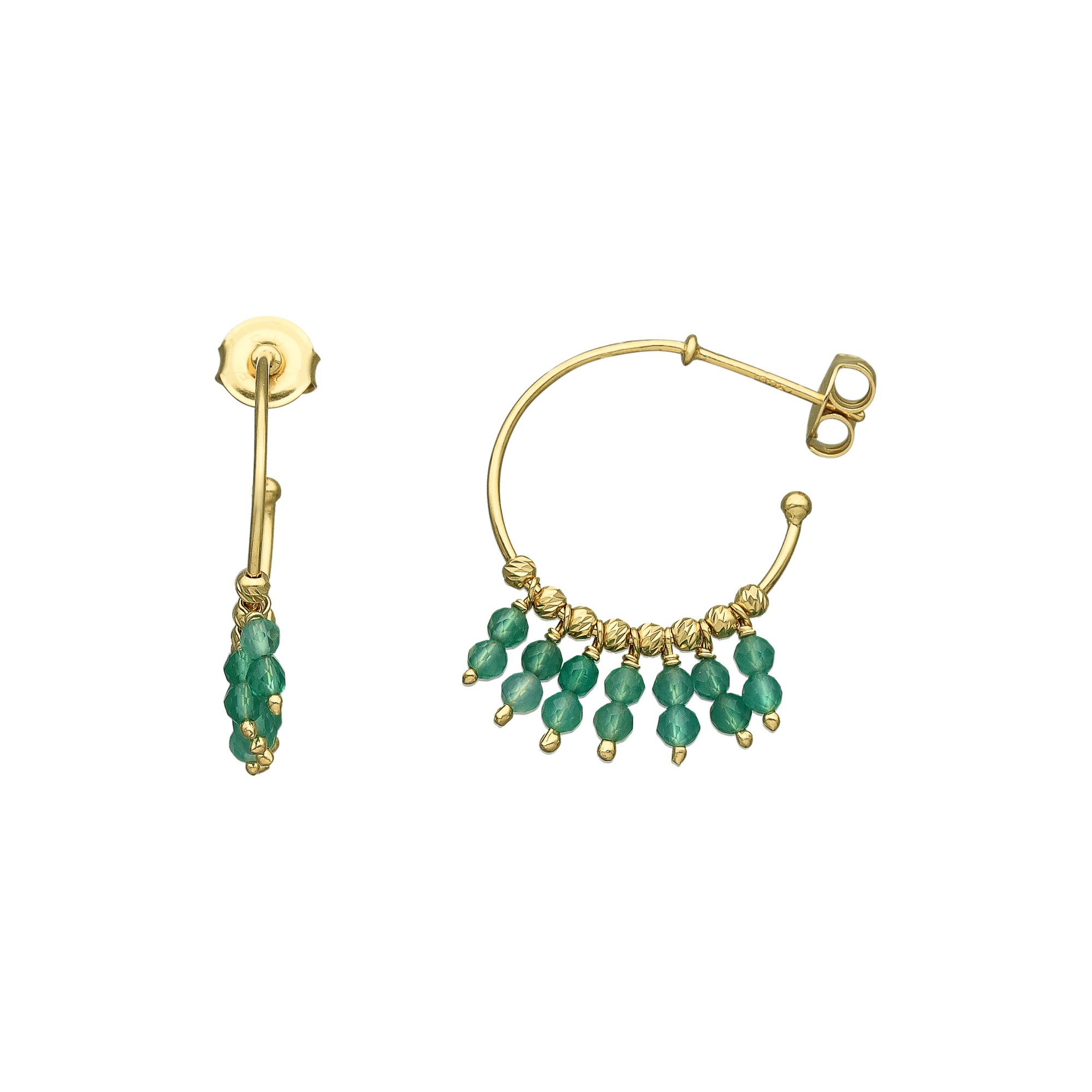 BOD086 ALI VERT Boucles d'oreilles argent dorée créole pampilles pierres onyx vert