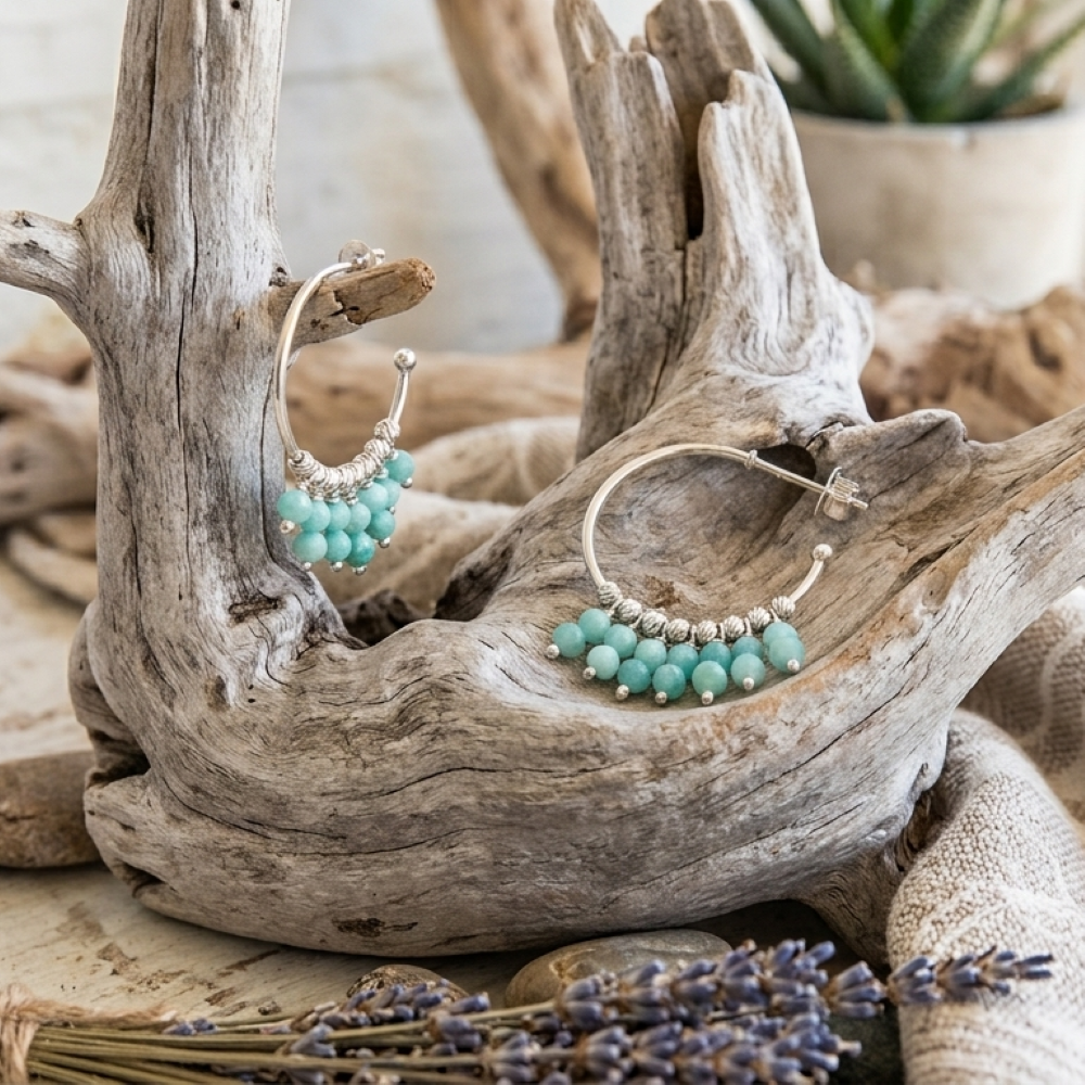 Alternative view of Boucles d'oreilles argent rhodié créole pampilles pierres amazonite