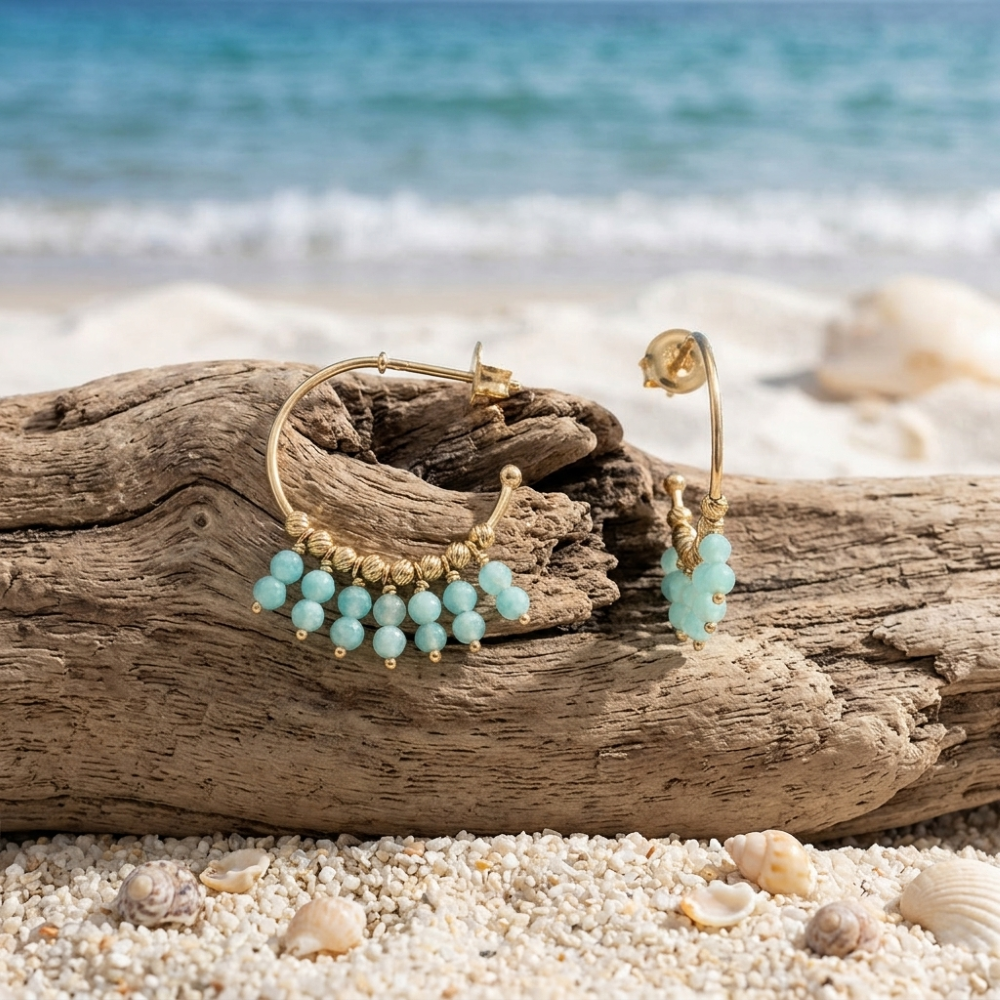 Alternative view of Boucles d'oreilles argent dorée créole pampilles pierres amazonite