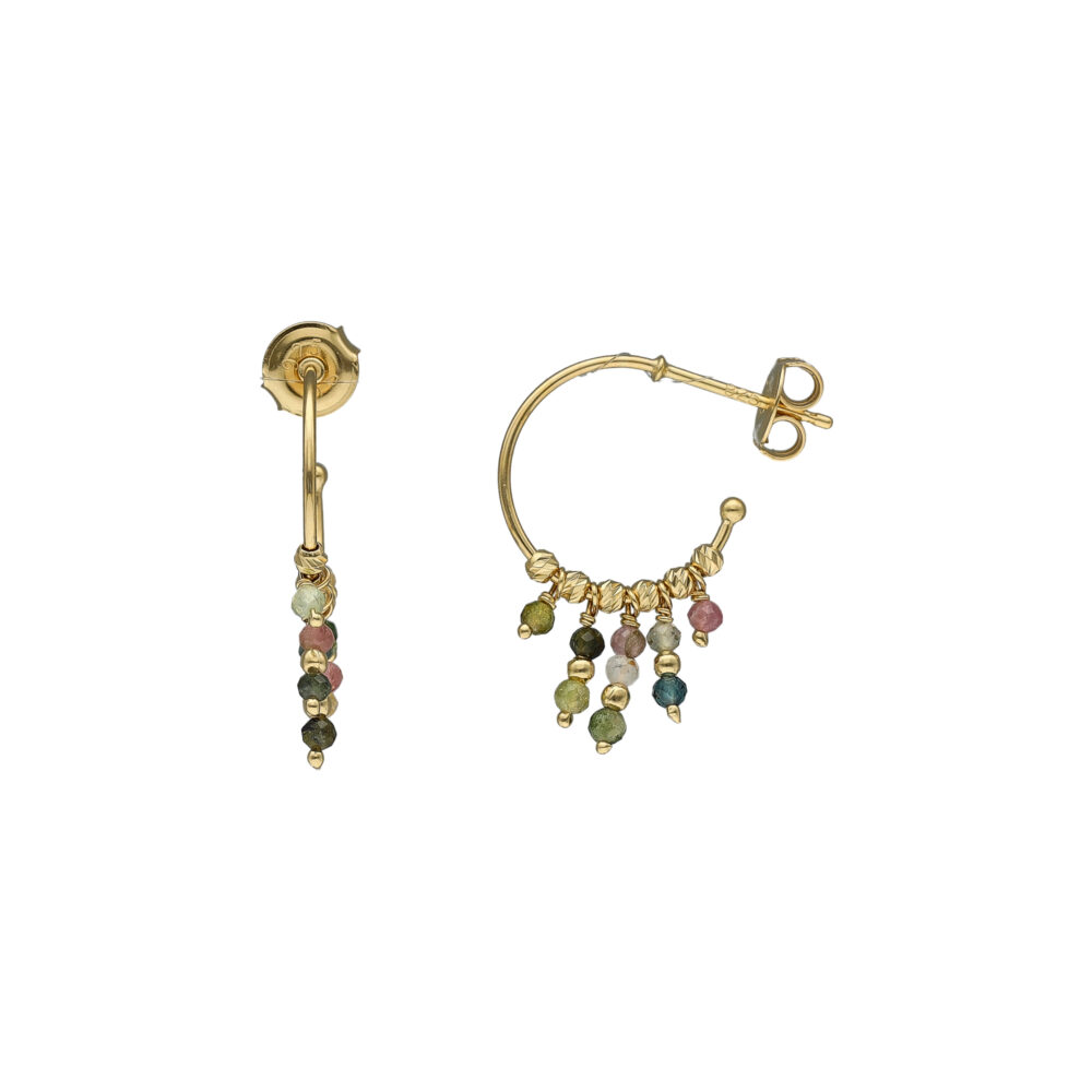 Boucles d'oreilles argent dorée créole pierres tourmaline