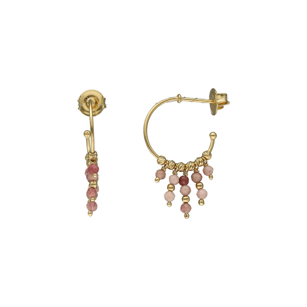 Boucles d'oreilles argent dorée créole pierres rhodonite fraise