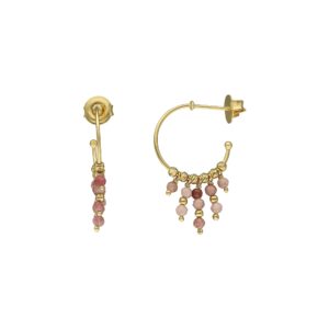 Boucles d'oreilles argent dorée créole pierres rhodonite fraise