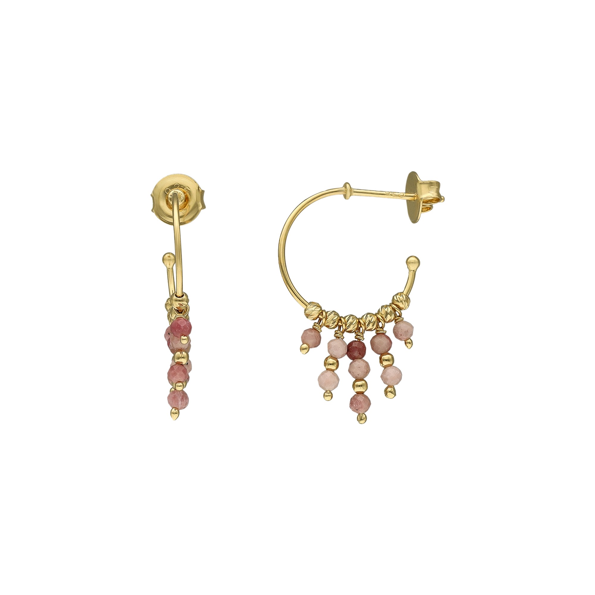 Boucles d'oreilles argent dorée créole pierres rhodonite fraise