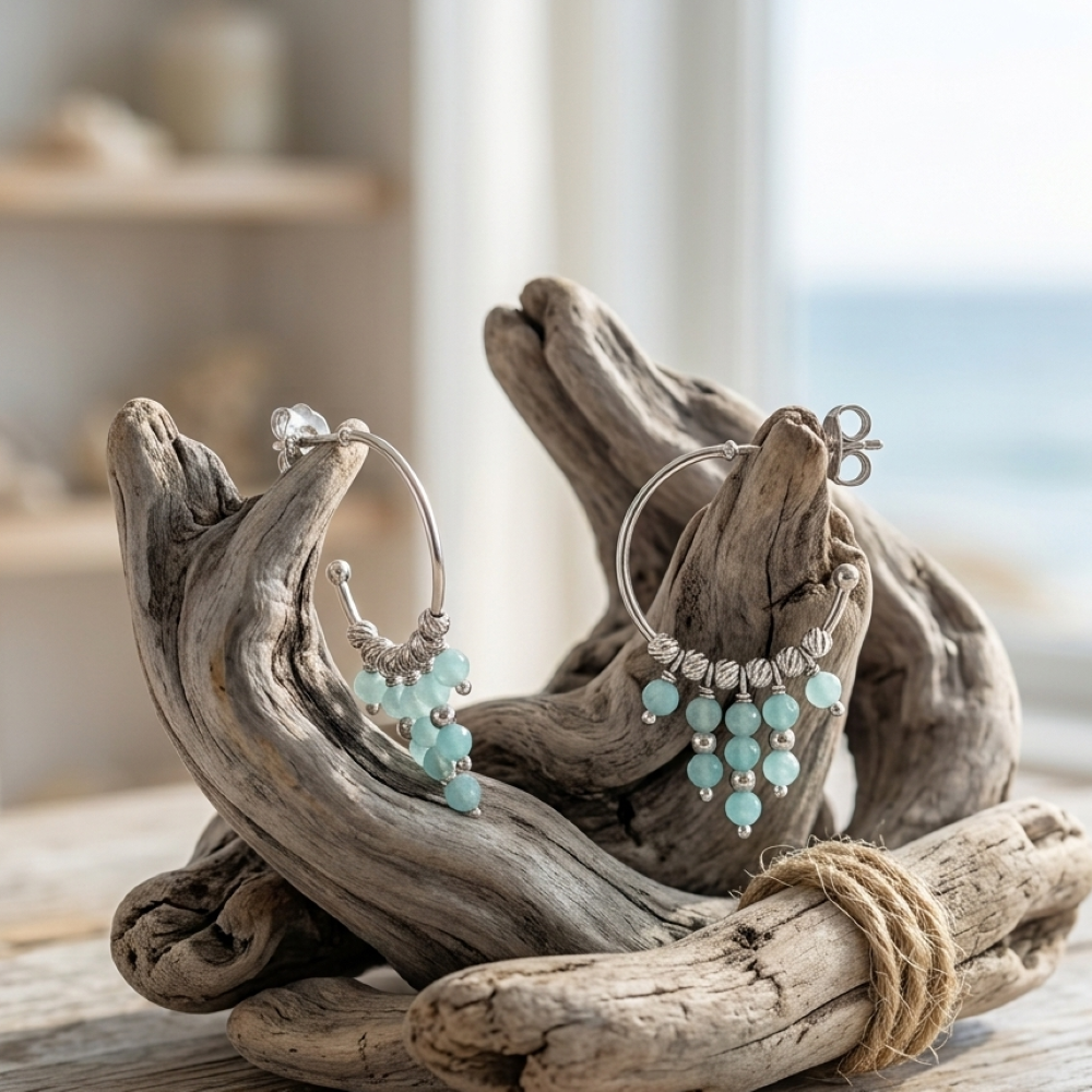 Alternative view of Boucles d'oreilles argent rhodié créole pierres amazonite