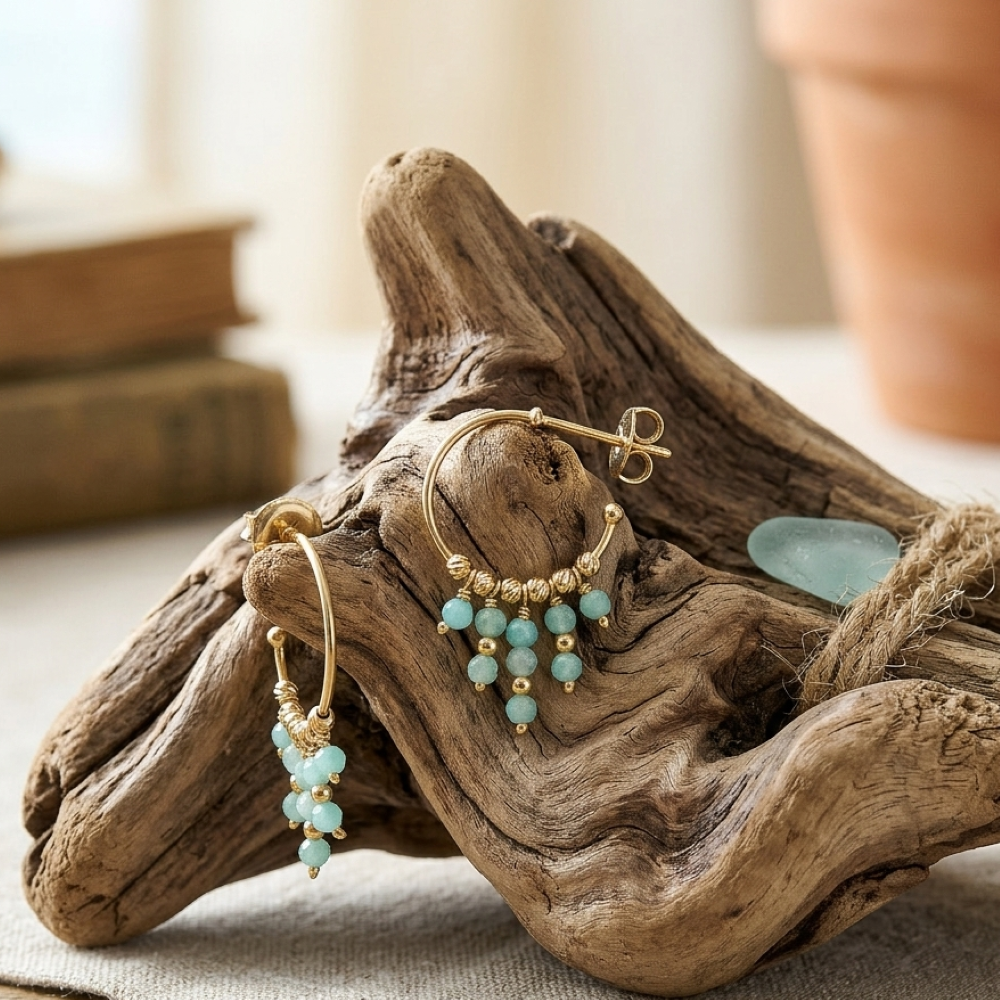 Alternative view of Boucles d'oreilles argent dorée créole pierres amazonite