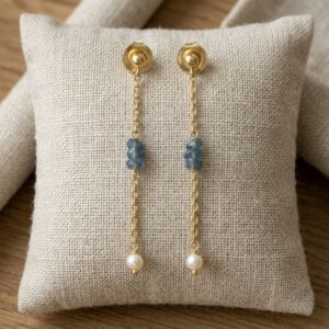 Boucles d oreilles argent doré pierres précieuses saphir véritable et perle naturelle blanche 5