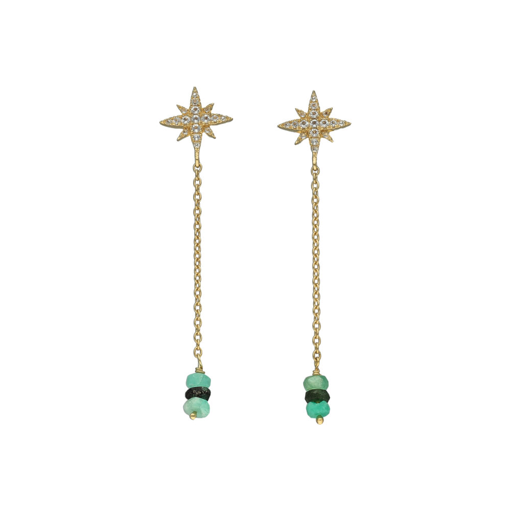 Boucles d'Oreilles Pendantes Étoile Polaire en Argent Doré, Émeraude et Topaze