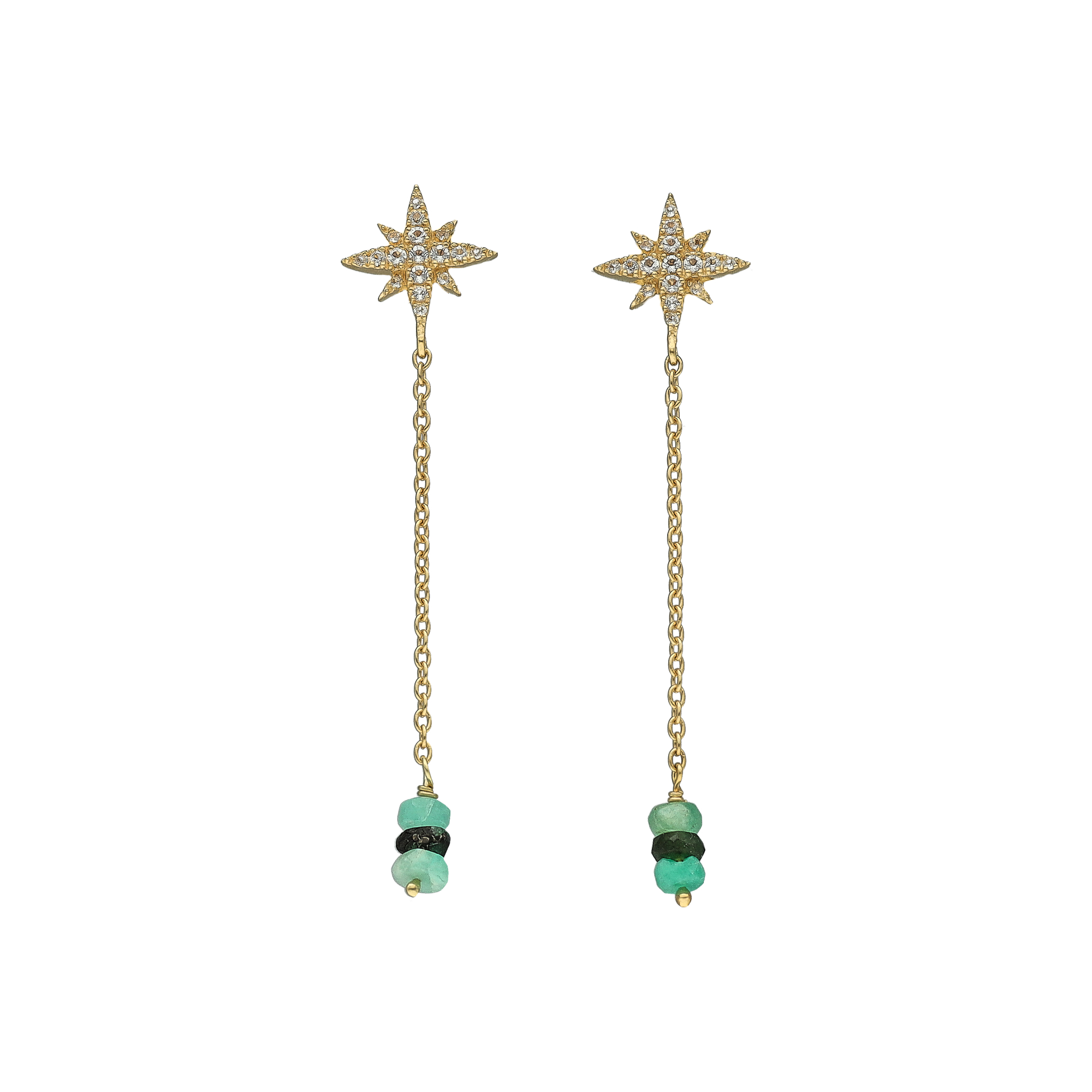 Boucles d'Oreilles Pendantes Étoile Polaire en Argent Doré, Émeraude et Topaze 1