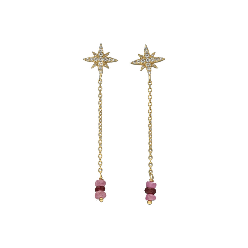 Boucles d'Oreilles Pendantes Étoile Polaire en Argent Doré, Rubis et Topaze