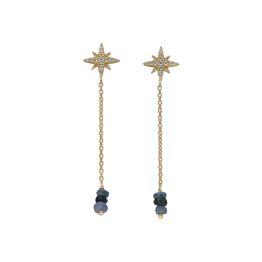 Boucles d'Oreilles Pendantes Étoile Polaire en Argent Doré, Saphir Bleu et Topaze