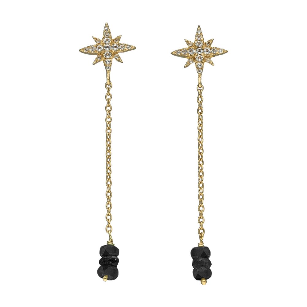 Boucles d'Oreilles Pendantes Étoile Polaire en Argent Doré, Saphir Noir et Topaze