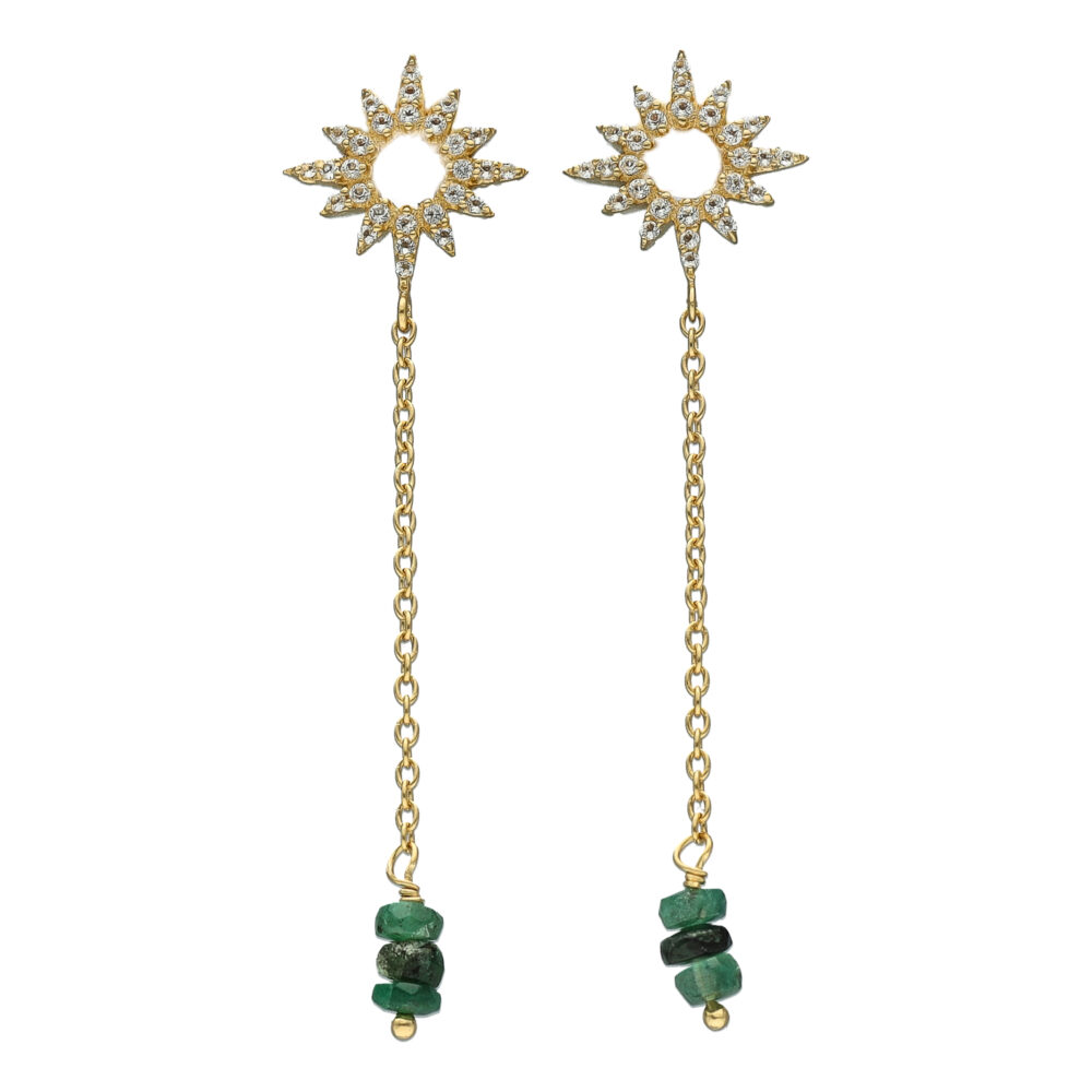 Boucles d'Oreilles Pendantes "Soleil" en Argent Doré, Émeraude Verte et Topaze