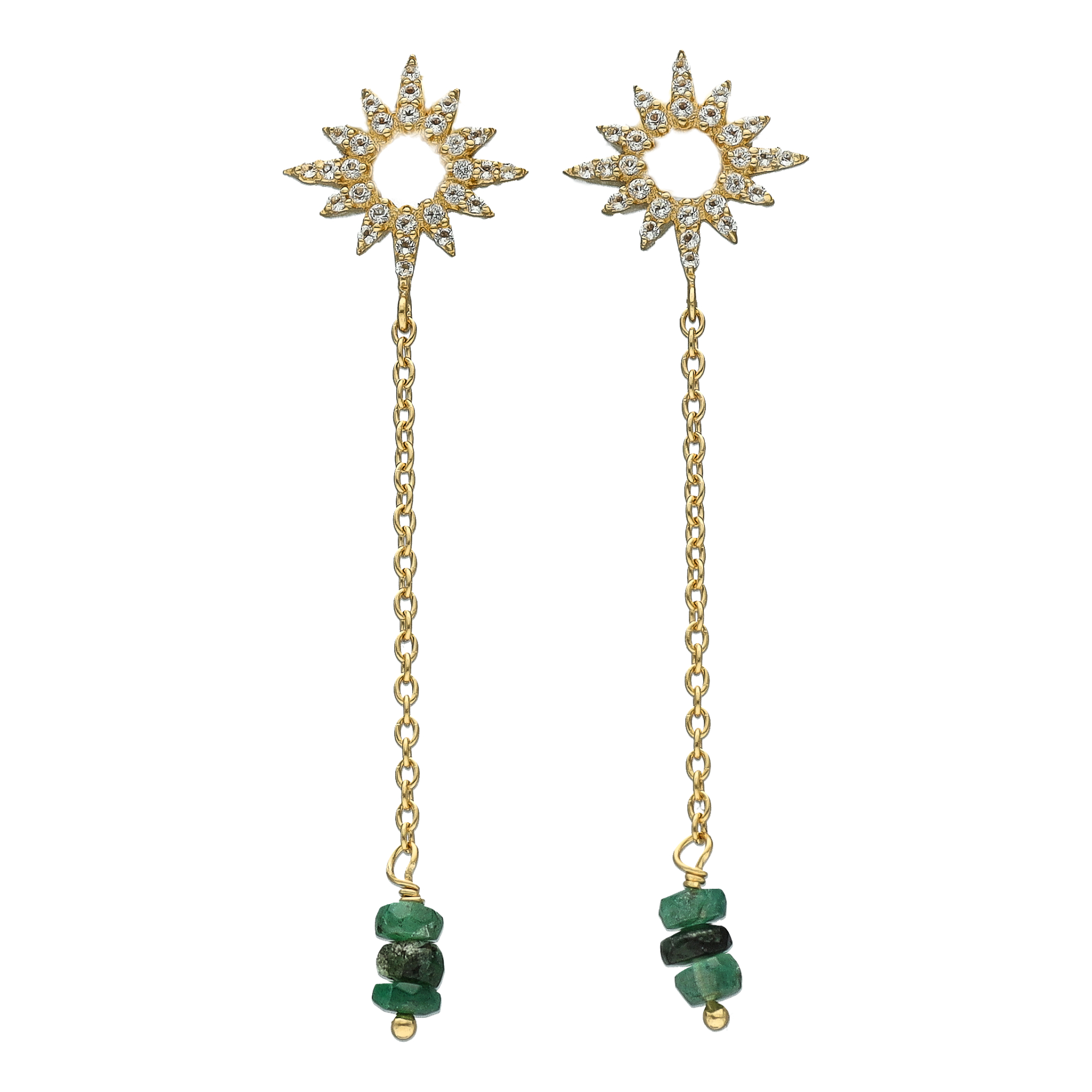 Boucles d'Oreilles Pendantes "Soleil" en Argent Doré, Émeraude Verte et Topaze 1