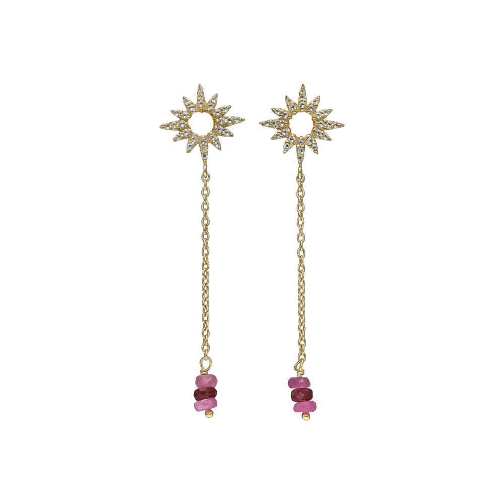 Boucles d'Oreilles Pendantes "Soleil" en Argent Doré, Rubis Rouge et Topaze