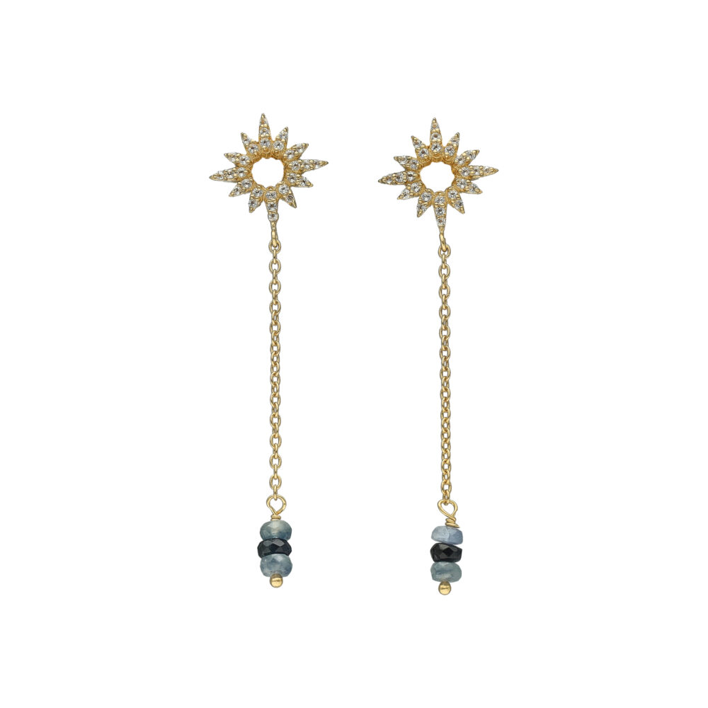 Boucles d'Oreilles Pendantes Soleil en Argent Doré, Saphir Bleu et Topaze