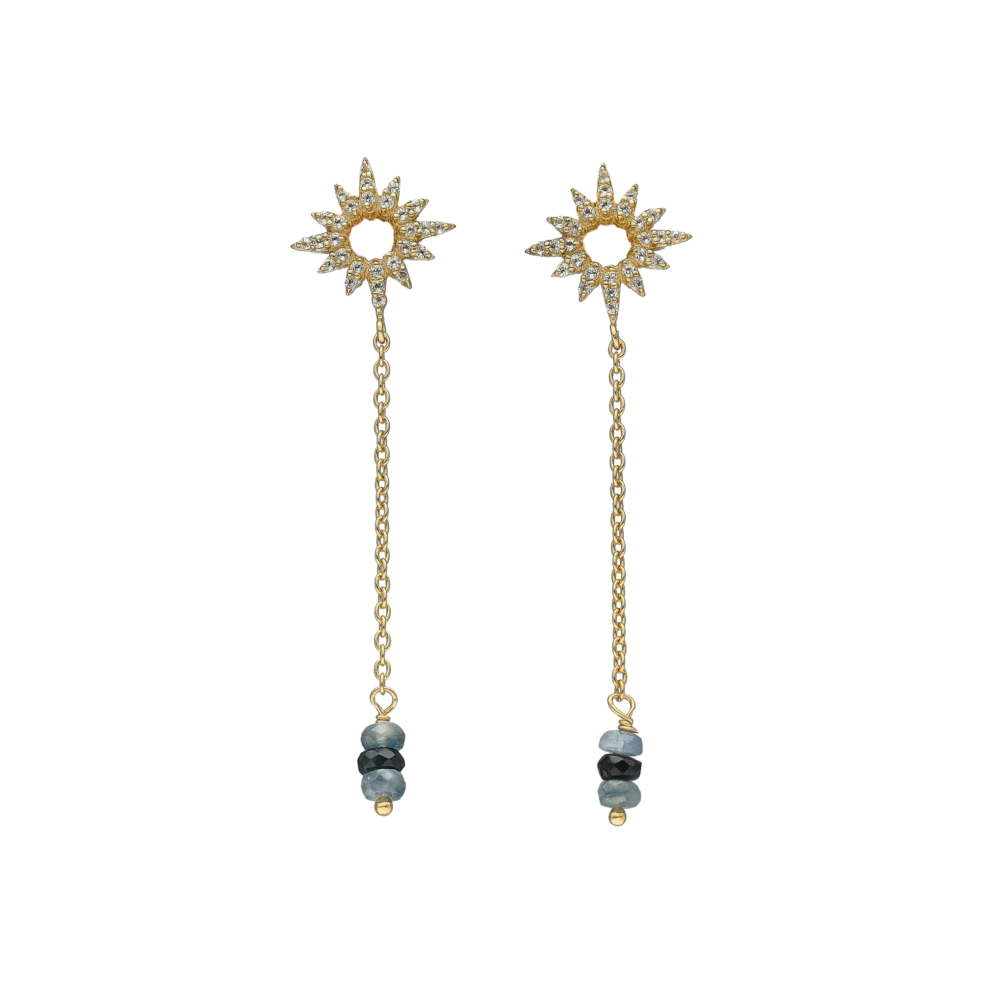 Boucles d'Oreilles Pendantes Soleil en Argent Doré, Saphir Bleu et Topaze 1