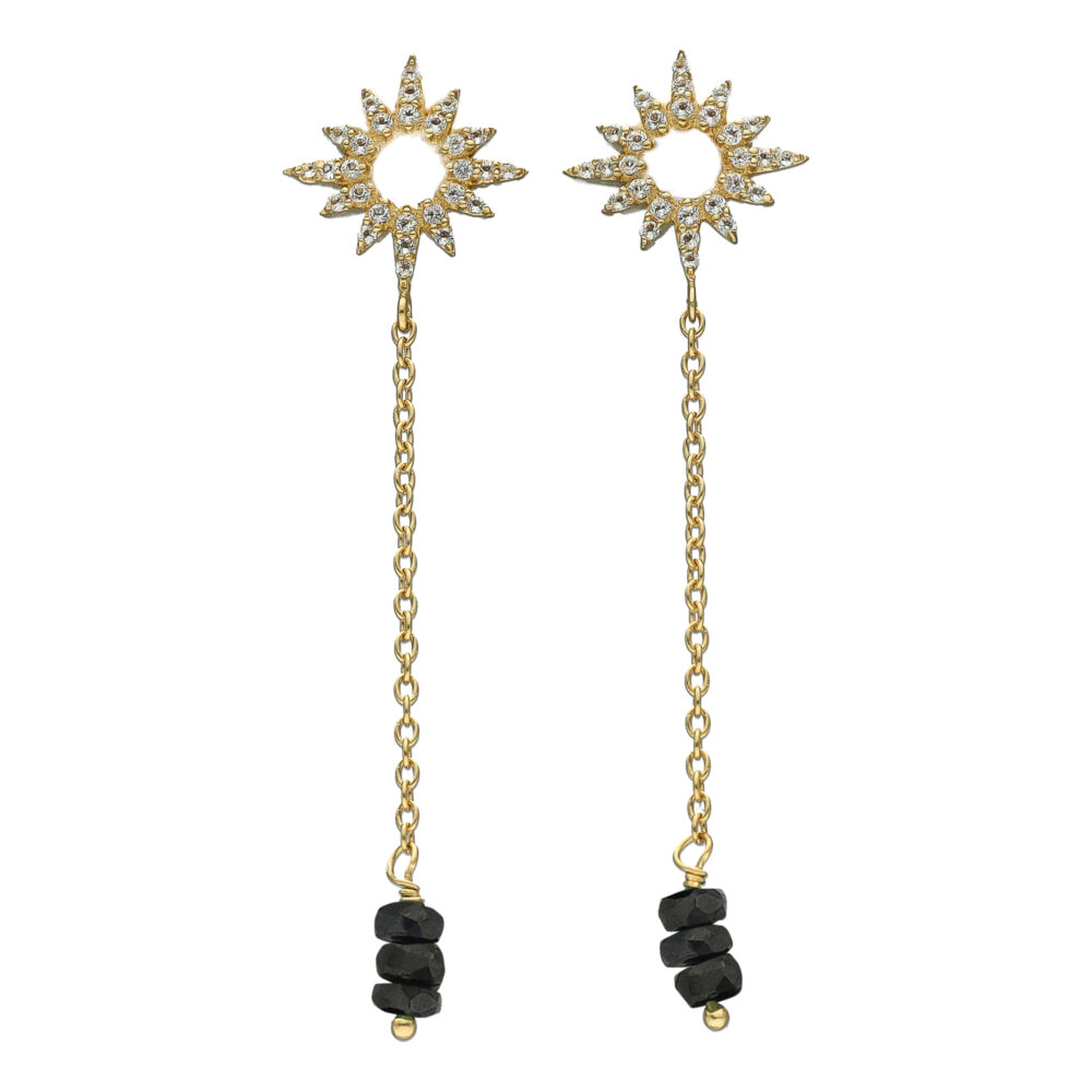 Boucles d'Oreilles Pendantes Soleil en Argent Doré, Saphir noir et Topaze