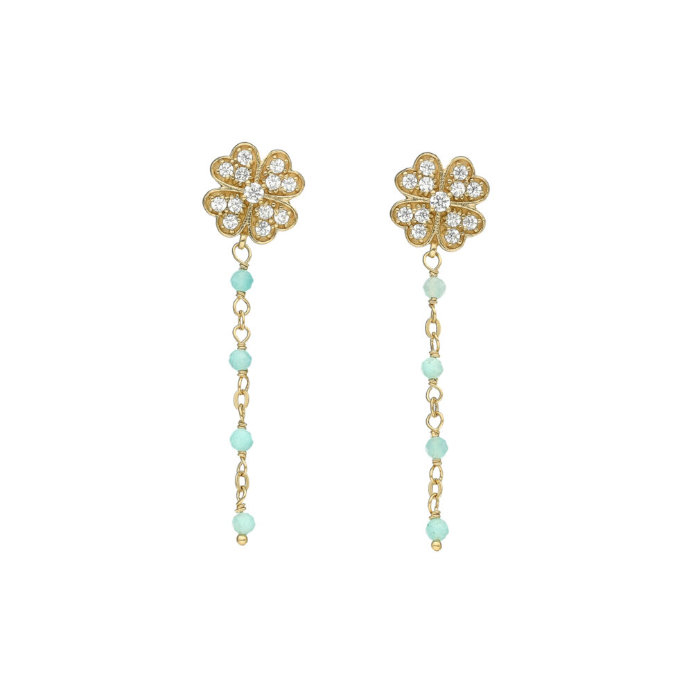 Boucles d'Oreilles Pendantes "Trèfle de Chance" en Argent Doré, Amazonite et Oxydes de Zirconium