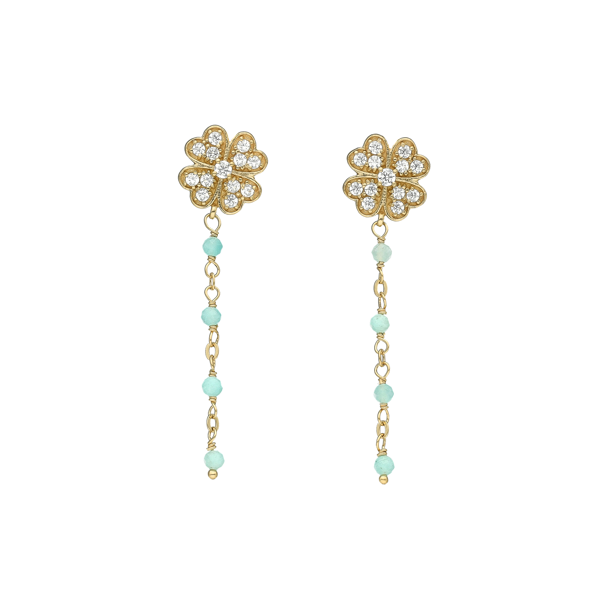 Boucles d'Oreilles Pendantes "Trèfle de Chance" en Argent Doré, Amazonite et Oxydes de Zirconium 1