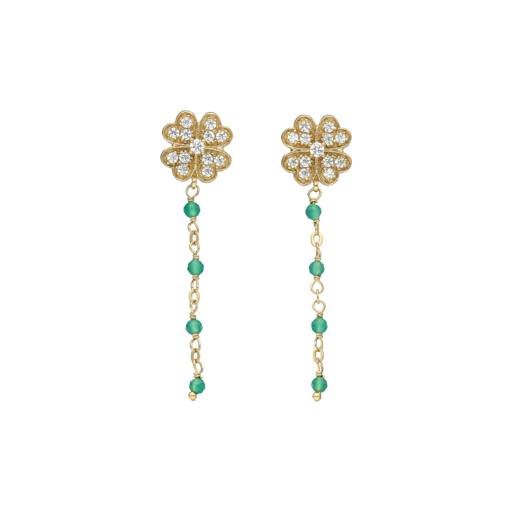 Boucles d'Oreilles Pendantes "Trèfle de Chance" en Argent Doré, Onyx Vert et Oxydes de Zirconium