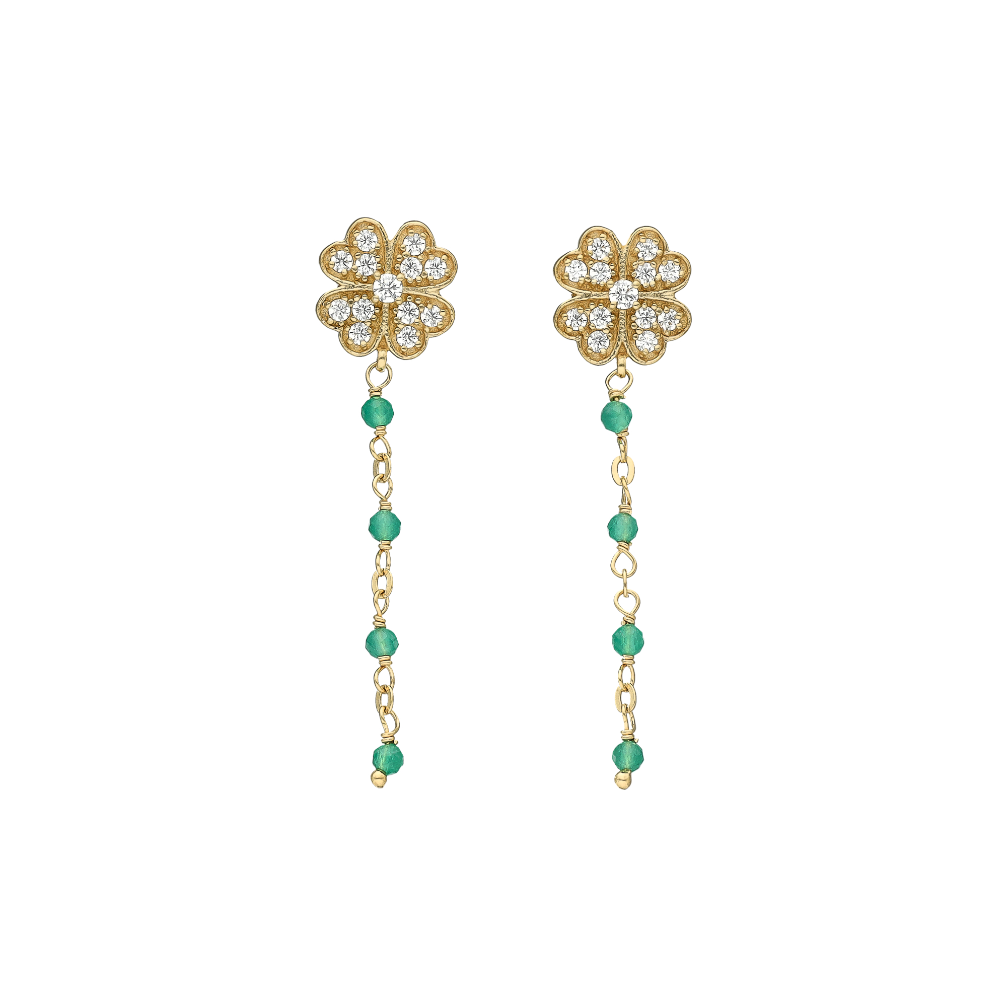 Boucles d'Oreilles Pendantes "Trèfle de Chance" en Argent Doré, Onyx Vert et Oxydes de Zirconium 1