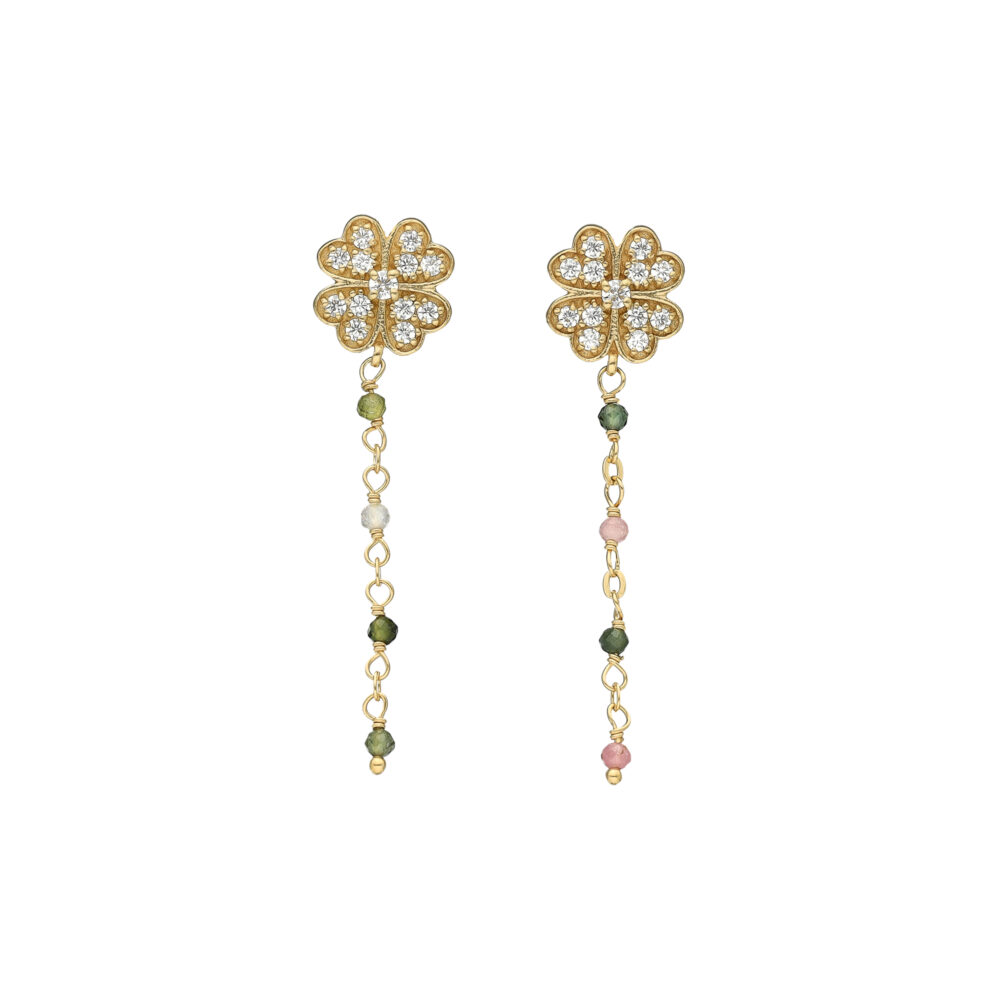 Boucles d'Oreilles Pendantes "Trèfle de Chance" en Argent Doré, Tourmaline Multicolore et Zirconium