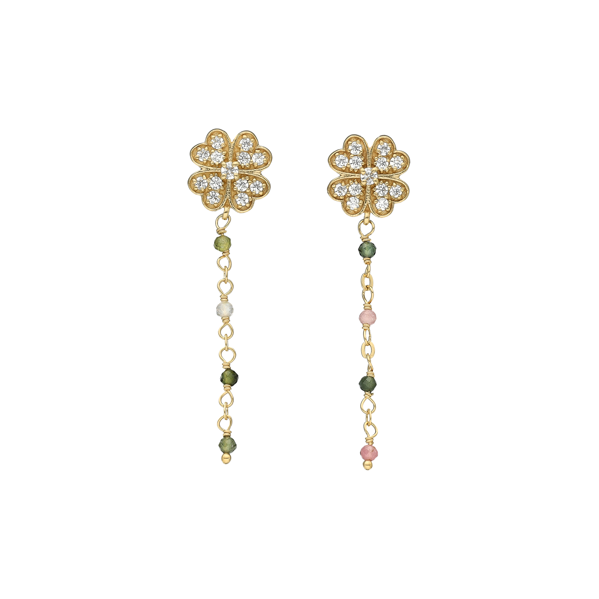 Boucles d'Oreilles Pendantes "Trèfle de Chance" en Argent Doré, Tourmaline Multicolore et Zirconium 1