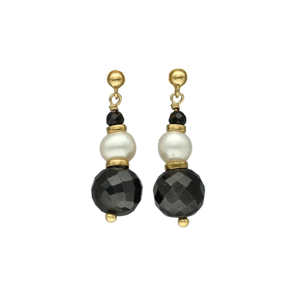 Boucles d'Oreilles Pendantes "Éclat Nocturne" en Argent Doré, Perle de Culture et Pierres Noires Facettées