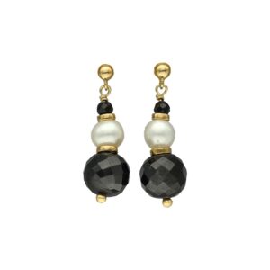 Boucles d'Oreilles Pendantes "Éclat Nocturne" en Argent Doré, Perle de Culture et Pierres Noires Facettées 4
