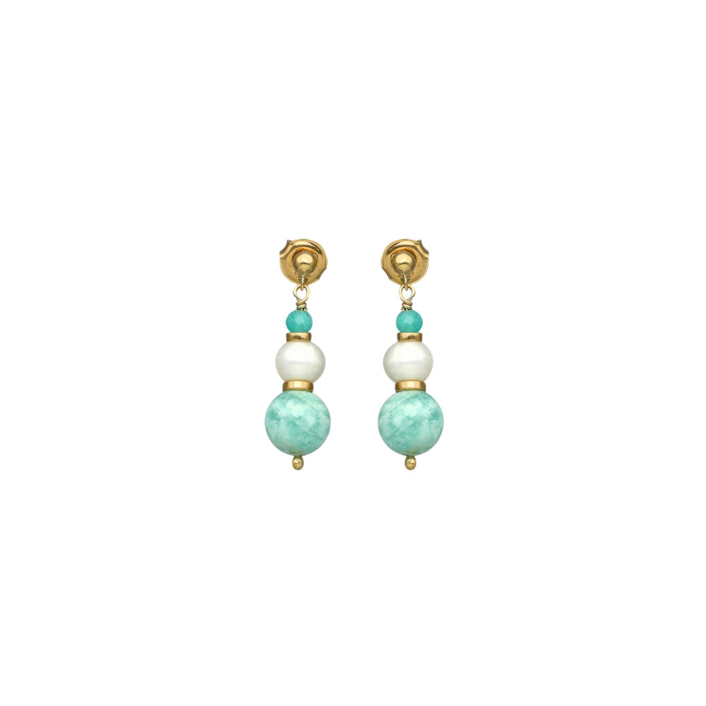 Boucles d'Oreilles Pendantes "Éclat Nocturne" en Argent Doré, Perle naturelle et amazonite