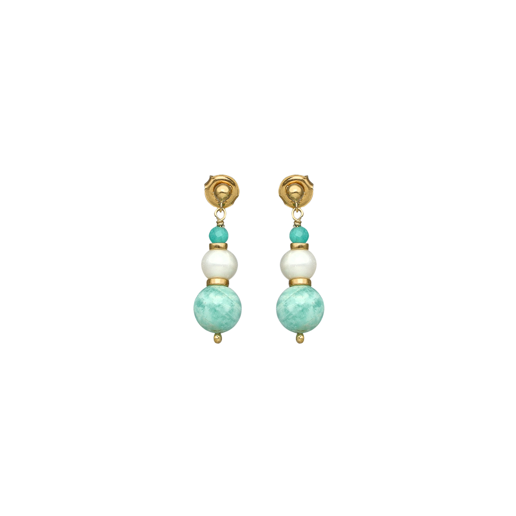 Boucles d'Oreilles Pendantes "Éclat Nocturne" en Argent Doré, Perle naturelle et amazonite