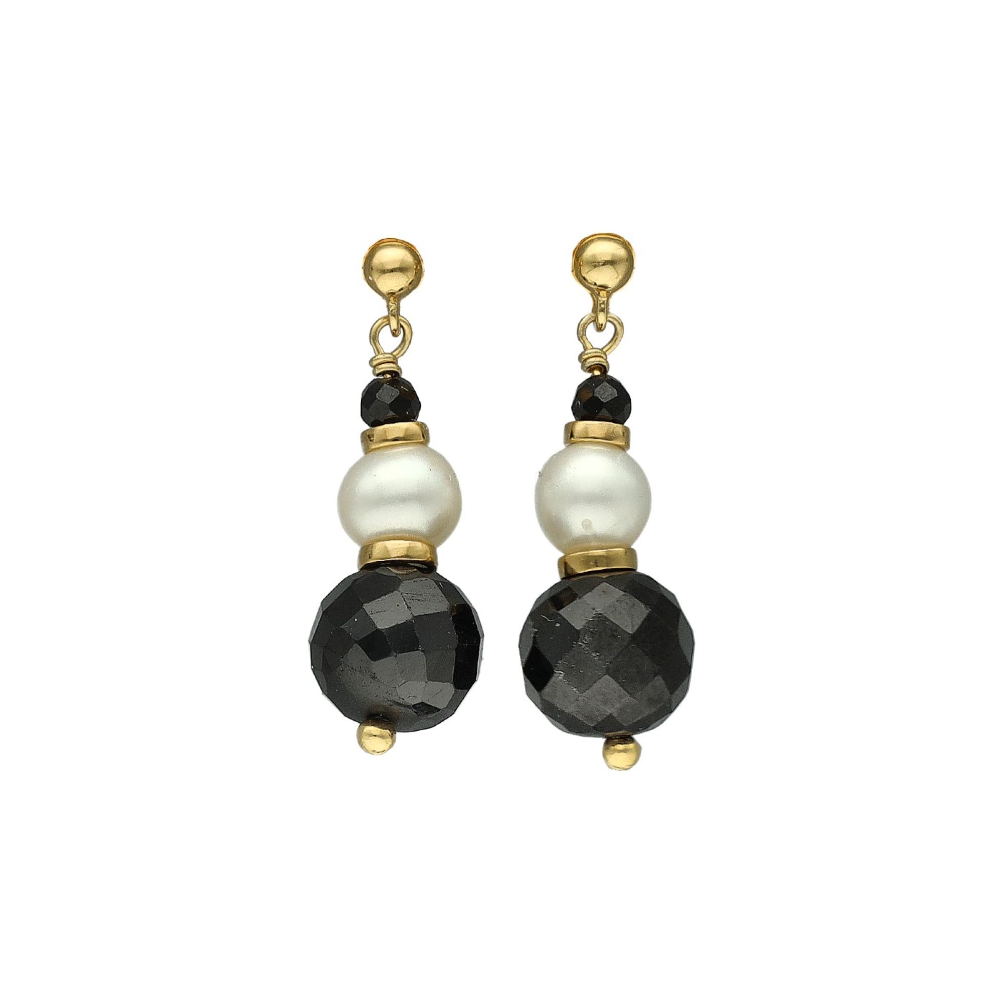 Boucles d'Oreilles Pendantes "Éclat Nocturne" en Argent Doré, Perle de Culture et Pierres Noires Facettées 1