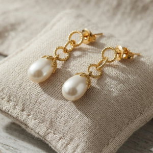 Boucles d oreilles argent dorée diamanté goutte de perle naturelle blanche 2