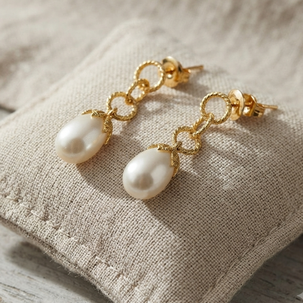 Alternative view of Boucles d oreilles argent dorée diamanté goutte de perle naturelle blanche