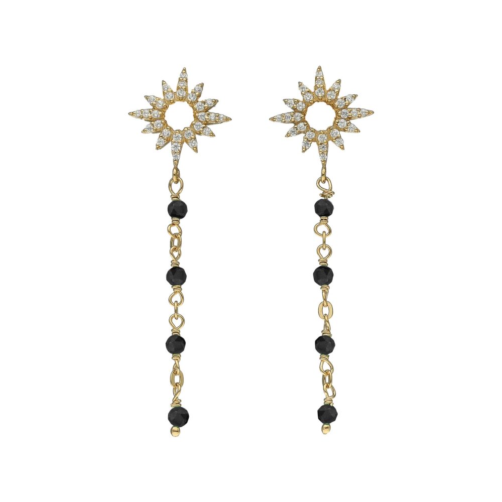 Boucles d'Oreilles Pendantes "Aube Divine" en Argent Doré et pierres spinelles noires