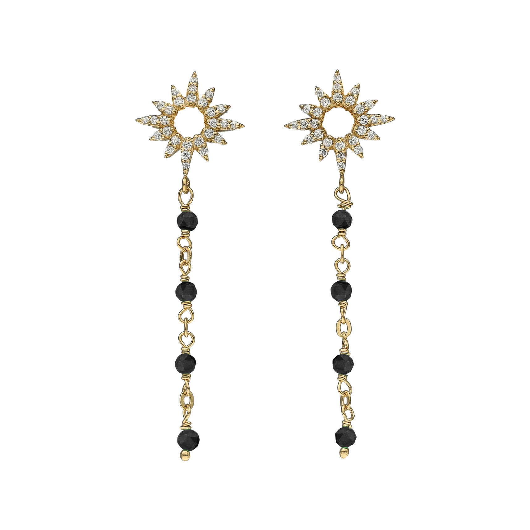 BOD210NOIRGOLD Boucles d'Oreilles Pendantes "Aube Divine" en Argent Doré et pierres spinelles noires 1