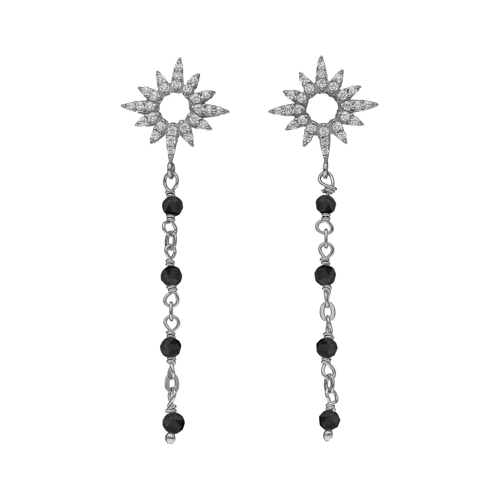BOD210NOIRRH Boucles d'Oreilles Pendantes "Aube Divine" en Argent Rhodié et pierres spinelles noires 1