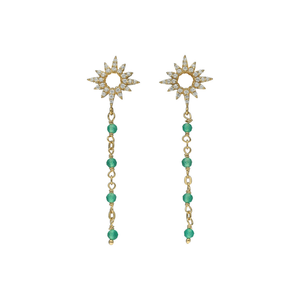 Boucles d'Oreilles Pendantes "Aube Divine" en Argent Doré et Onyx Vert Véritable