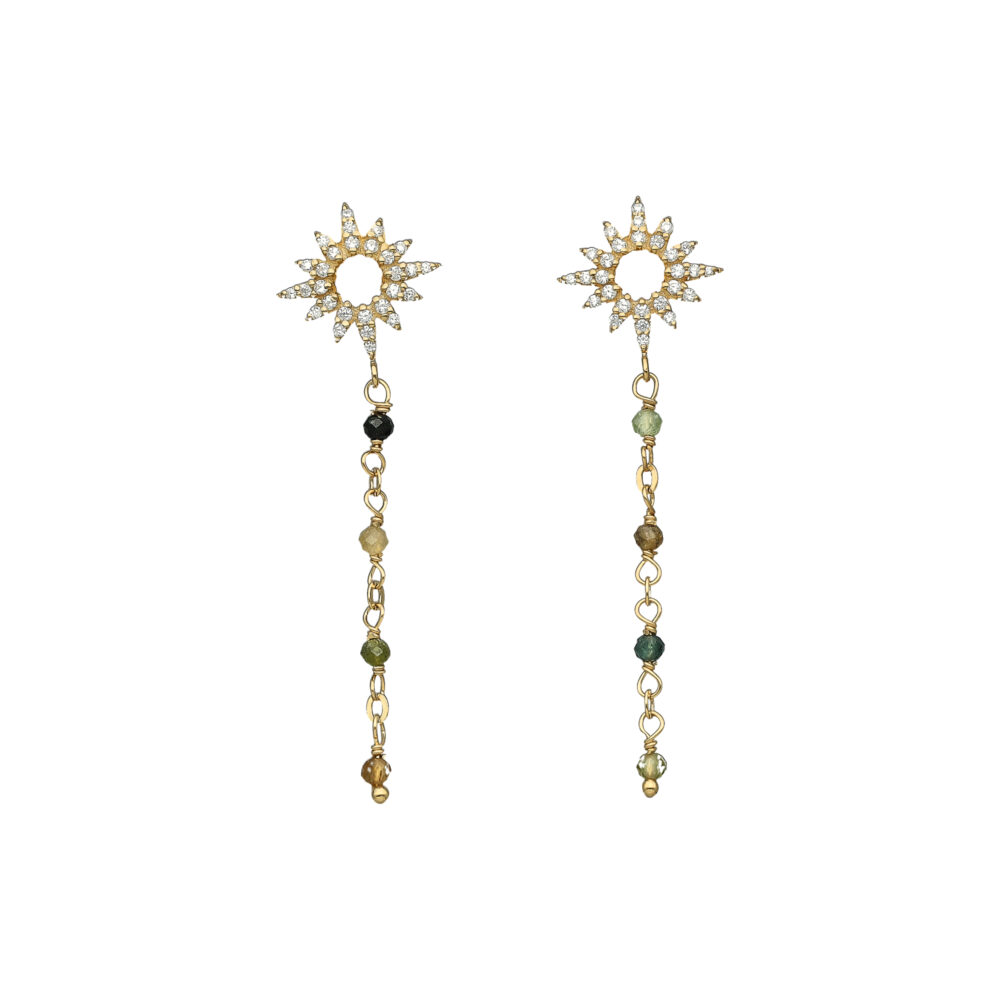 Boucles d'Oreilles Pendantes "Aube Divine" en Argent Doré et Tourmaline Véritable