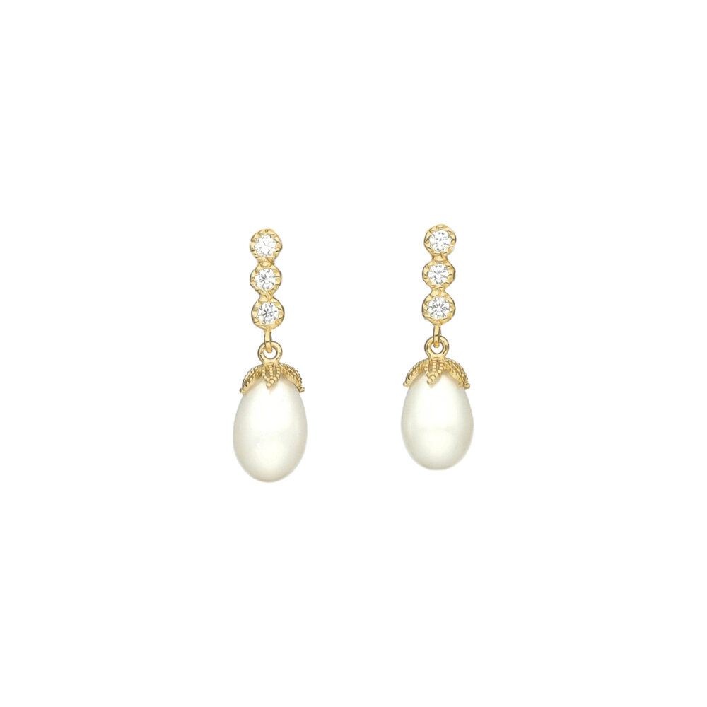 Boucles d oreilles argent dorée goutte de perle naturelle blanche zirconium