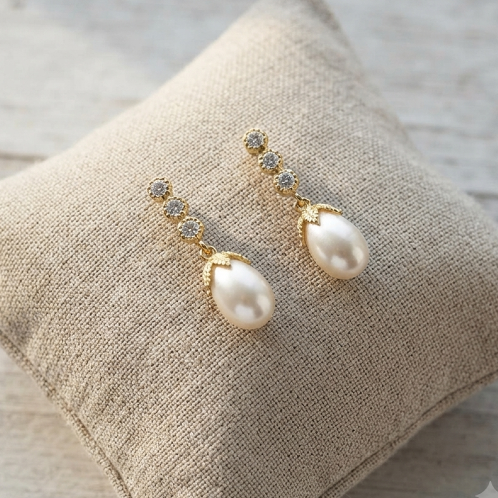 Alternative view of Boucles d oreilles argent dorée goutte de perle naturelle blanche zirconium