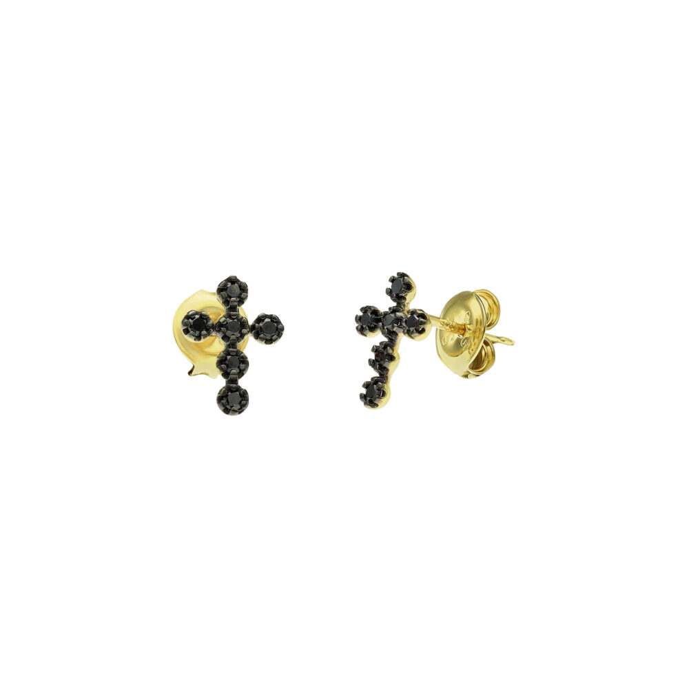 Boucles d'Oreilles Puces Argent Dorées Croix Diamant Noir