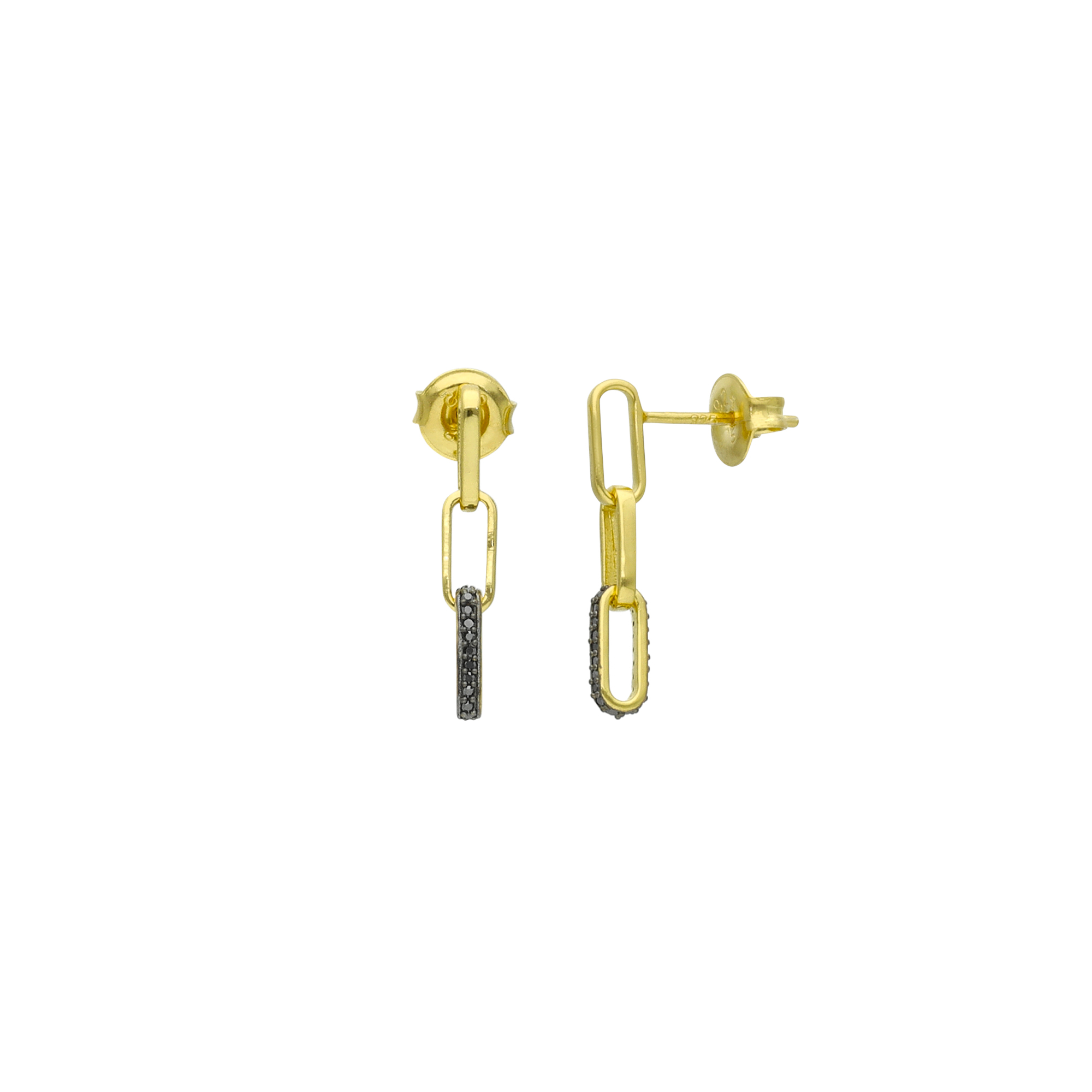 Boucles d'Oreilles Puces Argent Dorées Mailles Diamant Noir