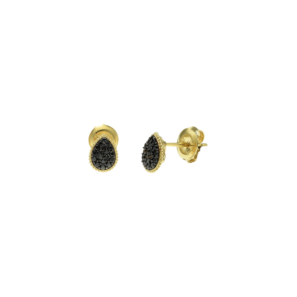 Boucles d'Oreilles Puces Argent Dorées Gouttes Diamant Noir